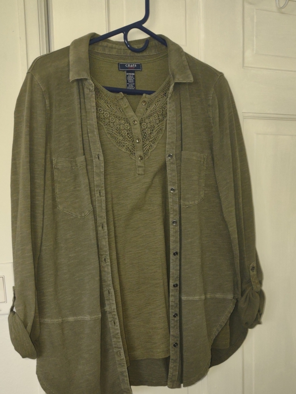 Chaps Olive Layered Lace-Detail Henley & Button Shirt